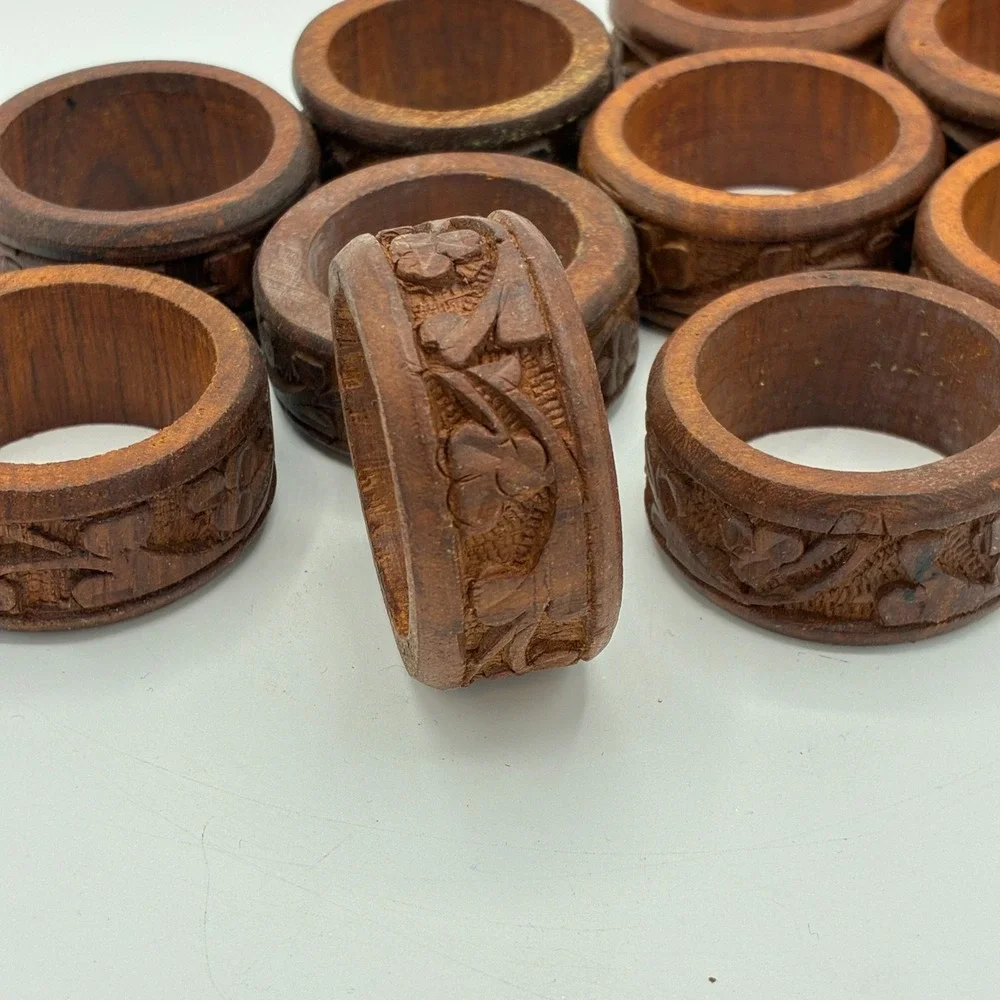 Vintage Hand Carved Wood Napkin Rings Set of 12 Leaf Floral Design